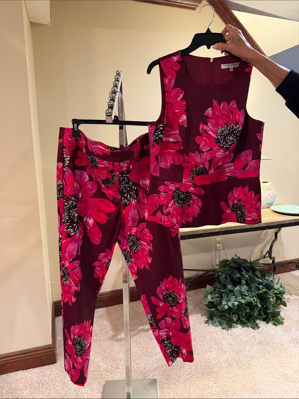 Trina Turk Floral Sleeveless Top & Pants Set - Burgundy with Hot Pink Bloom.